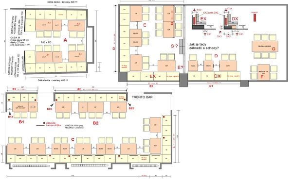 Dřevěné židle a barové židle ve stejném designu, barové stoly, čalouněné lavice a stoly 
